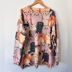 Colorful Cat Print Sweater oversized cat lady wool cotton